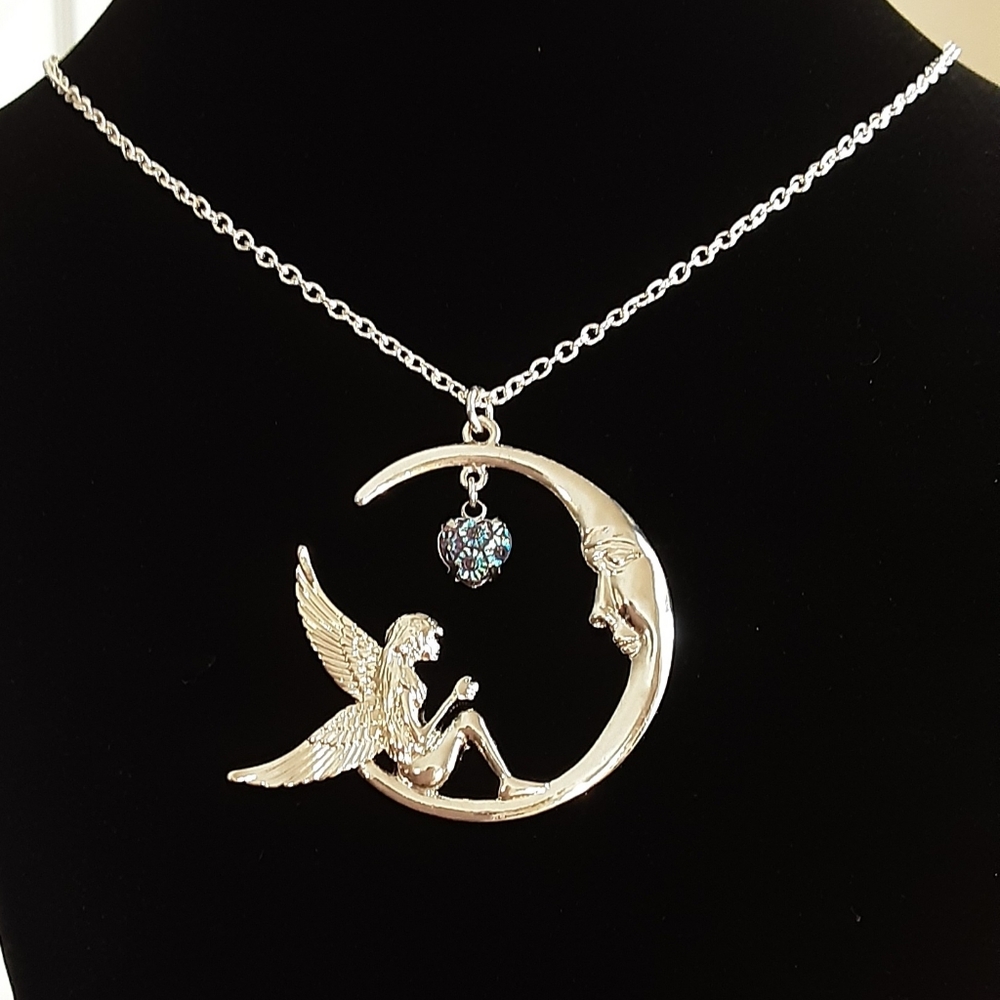 Hand Crafted Fairy On The Moon Necklace Silver Tone Blue 27" long